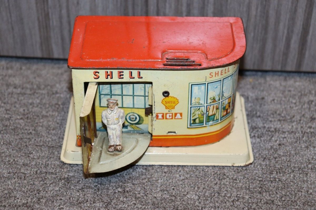 1950's Shell station Made West Germany Bank Ms Shell Station Small Tin Toy